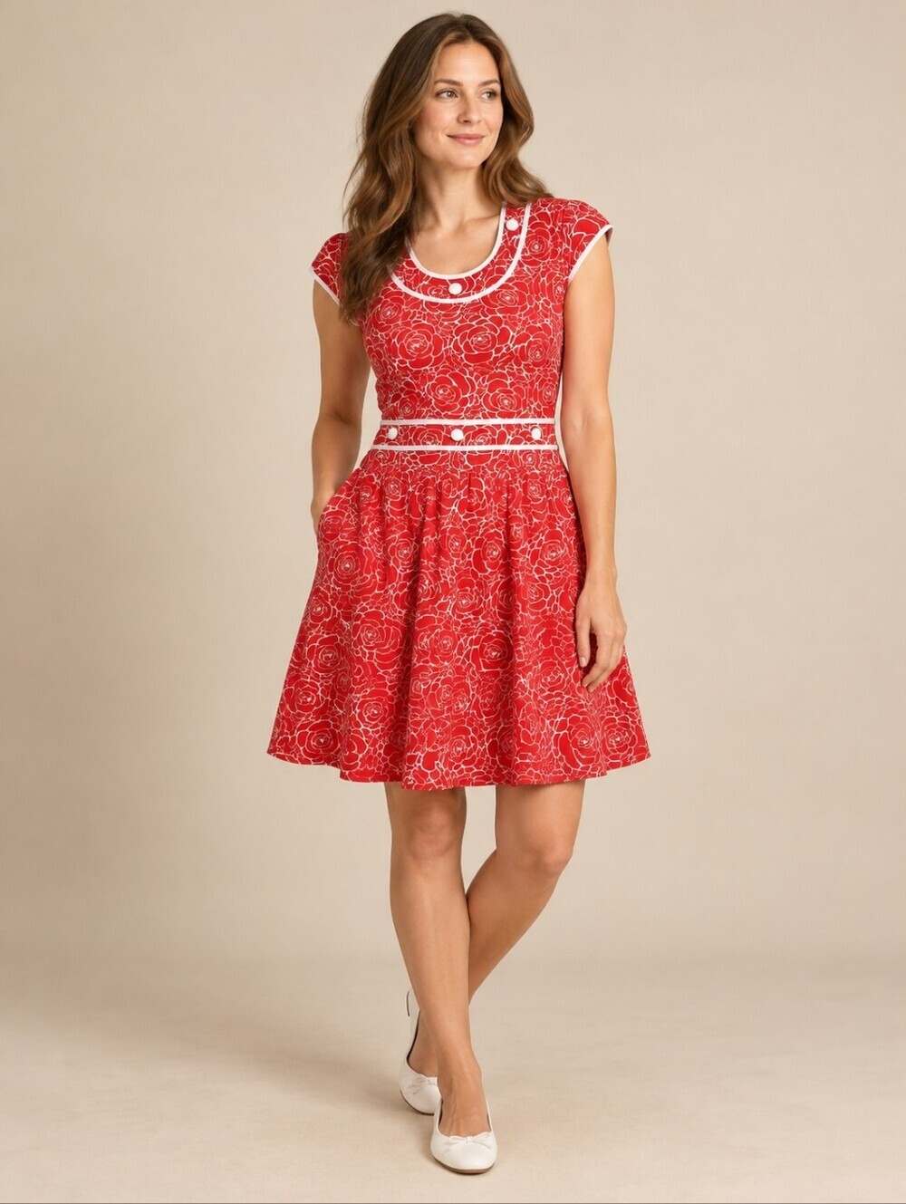 Aakash Red White Floral Dress XS